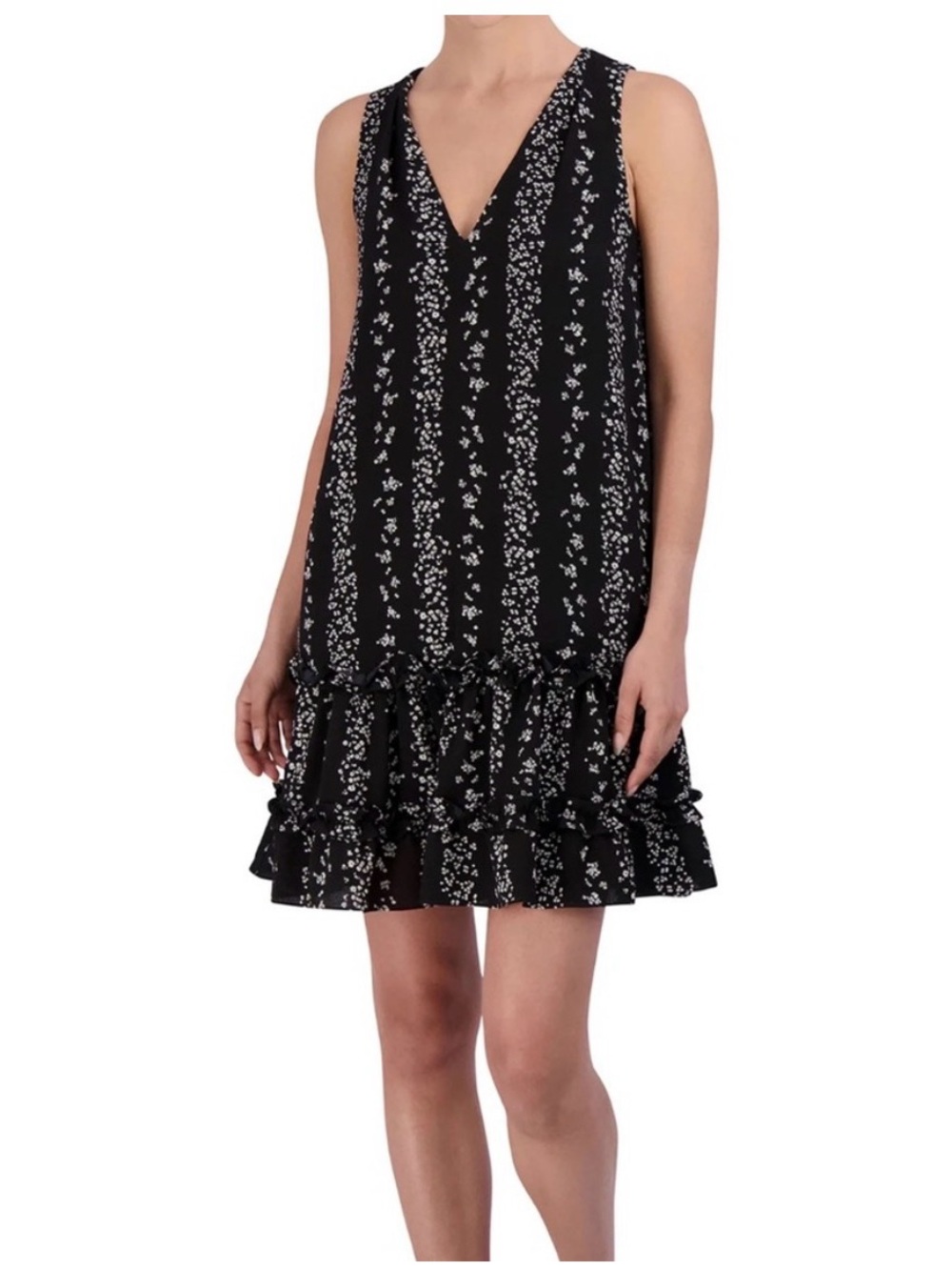 BCBG Black Mini Dress with White Floral Stripes